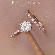 a diamond ring sitting on top of a wooden stick with the words pelican written above it