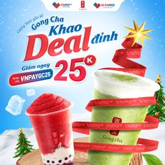 the advertisement for an ice cream drink is shown in red and green, with two cups filled