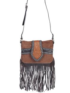 Suede Leather Handbag with Fringe Trim! Soft brown suede contrasted with black leather trim and fringe makes this a must have bag! It features a wide tab with tooled leather and leather studded trim with a magnetic snap closure. It also has a top zip closure to secure your things. The interior features a black cotton lining with a contrast off white stitch with two roomy open pockets and a full zip pocket. Adjustable shoulder strap with a drop length of 24". Imported. . Scully is an American Own Fall Fringe Leather Shoulder Bag, Fall Leather Shoulder Bag With Fringe, Fall Leather Fringe Shoulder Bag, Fall Fringe Leather Bags, Brown Leather Fringe Shoulder Bag, Brown Leather Shoulder Bag With Fringe, Fall Leather Fringe Bags, Rectangular Leather Shoulder Bag With Fringe, American West Handbags