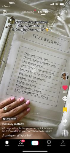 a person holding a binder with the words post wedding written on it in front of them