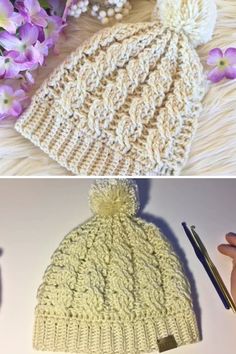 crocheted hats and flowers are shown in two different photos, one is white