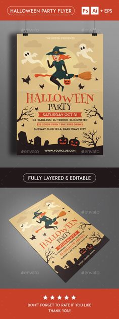 halloween party flyer template with pumpkins and bats