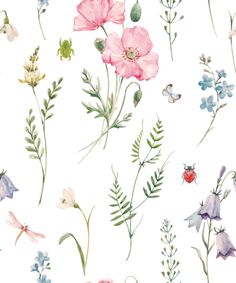 Pink poppies and wild bluebells are accompanied by other wildflowers against a white background in the pretty Provincial Poppy Pattern wallpaper. The stylized watercolor flower illustrations are joined by an assortment of springtime bugs from beetles and butterflies to ladybugs and dragonflies. Watercolor Poppies, Disney Tattoo, Poppy Pattern, Watercolor Floral Pattern, Pink Poppies, Floral Pattern Design, Poppy Flowers, Free Art Prints, Flower Tattoo Designs