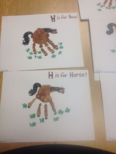 three handprints with horses on them and the words h is for horse written in red