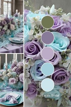 the table is set with blue and purple flowers, candles, and plates in different colors