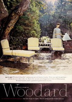 an advertisement for woodard furniture with a woman sitting at a table in the background