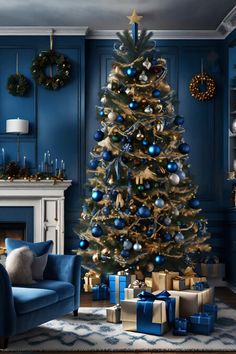 a living room with a christmas tree and presents