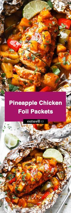 pineapple chicken foil packets with text overlay