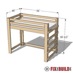 a wooden bunk bed frame with measurements for the top and bottom part of it,