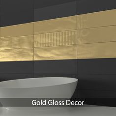 a white bowl sitting on top of a counter next to a black and gold tiled wall