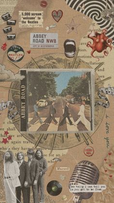 an altered collage of the beatles album cover art, with various stickers and symbols