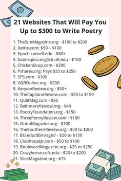 a poster with money flying out of it and the words, 21 websites that will pay you up to $ 500 to write poetry