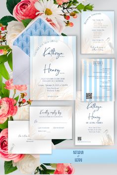 This editable wedding invitation suite captures the romance and ease of coastal luxury in every detail, with colors of soft blue and warm beige, and perfectly sets the tone for your day. Each piece has been thoughtfully designed to provide a cohesive, enchanting, and breezy look from the stunning retro styled blue Envelope Liner offering a delightful surprise upon opening, to the Belly Band wrapping everything together in an elegant bundle. 
This beautiful wedding stationery is editable in Canva and can be easily customized with your event details and sent out to your guests. Artwork can be added/resized/deleted; text color, font, & text size can be changed; background color can be changed.