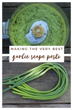 how to make garlic scape pesto in a food processor with text overlay