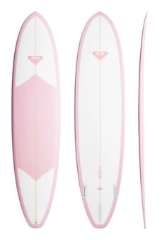 three surfboards with pink and white designs on them