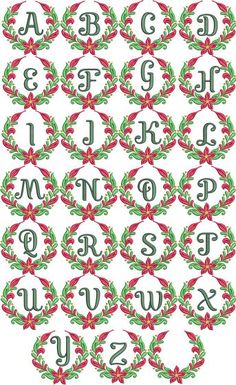 a cross stitch pattern with the letters and numbers in red, green, and white