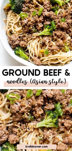 ground beef and noodles with broccoli in a white bowl