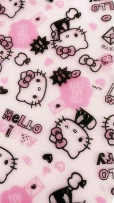 hello kitty wallpaper with pink and black polka dots on white background, all over the surface