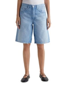 Ag Faded Denim Bermuda Shorts Faded Relaxed Fit Cropped Leg Bottoms, Faded Relaxed Fit Cropped Bottoms, Faded Cropped Leg Bottoms With Relaxed Fit, Summer Faded Cropped Jeans With Five Pockets, Faded Relaxed Fit Denim Bottoms, Faded Straight Leg Denim Shorts, Summer Denim Blue Cropped Cutoff Jeans, Spring Faded Denim Bottoms, Faded Mid-rise Cropped Jeans For Summer