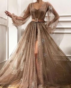 Majestic Mocha Gown | Teuta Matoshi Teuta Matoshi Gown, Earth Princess, Long Sleeves Prom Dresses, Teuta Matoshi, Long Sleeve Prom, فستان سهرة, Glitter Dress, Prom Dresses With Sleeves, Prom Dresses Long With Sleeves