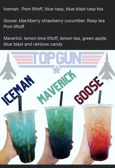 three different colored drinks in plastic cups with straws on top and the words ice cream, lemon lime, blue rasp, black berry cucumber, rasp