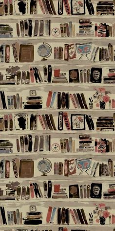 an old wallpaper with many different types of books and magazines on it's sides