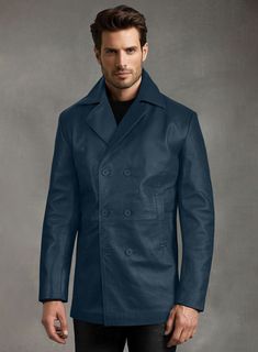 Dive into sleek sophistication with our Soft Winsor Blue Leather Pea Coat, where classic design meets contemporary flair. Crafted from sumptuously soft leather in a striking deep blue hue, this coat is a bold twist on a timeless favorite.    With its luxurious texture and rich color, it's the epitome of cool elegance. Elevate your outerwear game and make a statement wherever you go with our leather pea coat.   Made Using Pure Napa Sheep Skin Soft Leather.    Look includes     Soft Winsor Blue  Leather Color   Click 'Customize Now' to modify the look if needed.  Made as per your measurements Formal Long Leather Jacket With Double Button, Winter Leather Outerwear For Business Casual, Modern Long Leather Coat, Sleek Double-breasted Leather Outerwear, Leather Pea Coat With Double Button Closure For Winter, Blue Leather Outerwear For Fall, Fitted Blue Pea Coat For Business, Modern Blue Outerwear With Notch Lapel, Formal Blue Pea Coat With Double Button Closure