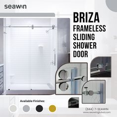 the frameless sliding shower door is shown in this brochure for seawin