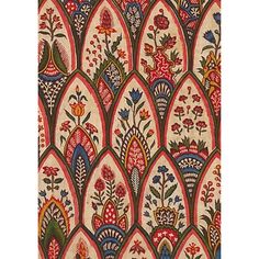 an intricately designed wallpaper with colorful flowers and leaves on white background, in red,