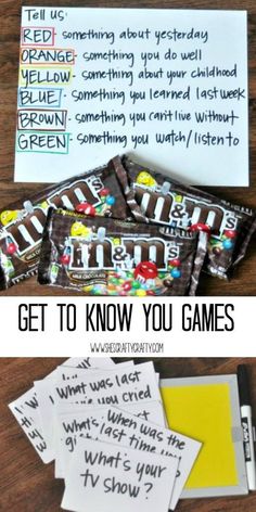 some candy bar wrappers with writing on them and the words get to know you games