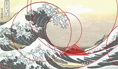 an image of the great wave in red and white with three circles over it's top