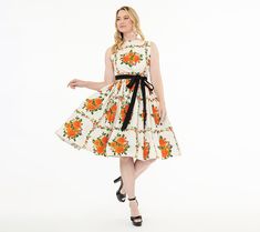 Enjoy a timeless look with this belted swing dress. Featuring a stunning orange floral print on a crisp white backdrop, this 1950s-inspired dress is perfect for sunny autumn days. From Unique Vintage. 1950s Inspired Dress, Sunny Autumn, Orange Floral Print, Autumn Days, Vintage Fall, White Backdrop, Inspired Dress, Floral Sleeveless, Fall Floral