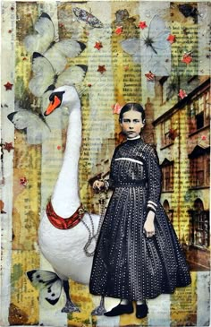 a painting of a girl standing next to a white swan and some birds in the background