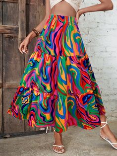 Printed Elastic Waist Ruffle Hem Skirt Multicolor Casual,Boho   Fabric Tie Dye,All Over Print Layered/Tiered Non-Stretch  Women Clothing, size features are:Bust: ,Length: ,Sleeve Length: Rainbow Color Skirt, Funky Skirts, Beach Outfits Women, Casual Dresses Plus Size, Ruffle Hem Skirt, Beach Vacation Outfits, Boho Fabric, Long Skirts For Women, Women Skirts