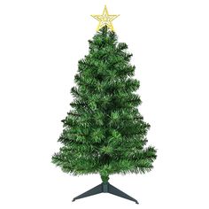 a small green christmas tree with a star on it's top and black stand