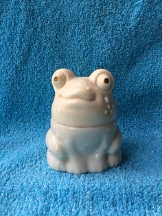 a white frog sitting on top of a blue towel