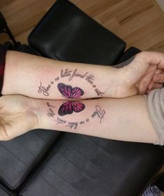 two people with tattoos on their legs and one has a butterfly tattooed on the arm