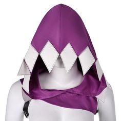 a purple and white costume on top of a mannequin's head in front of a white background