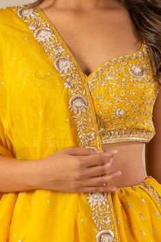 Buy Yellow Bamberg Silk Embroidery Sweetheart Neck Lehenga Set For Women by Anupraas by Nishant and Rahul Online at Aza Fashions. Embroidery On Blouse, Yellow Lehenga, Zardozi Embroidery, Anarkali Kurti, Embroidered Lehenga, Embroidered Organza, Organza Dupatta, Embroidered Neckline, Sequins Embroidery