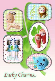 a card with four different pictures of baby dolls and toys on it's side