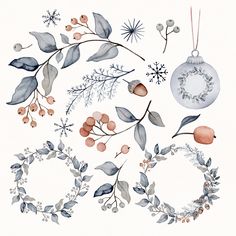 watercolor christmas ornaments and wreaths on white paper