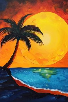 an acrylic painting of a palm tree on the beach at sunset by the ocean