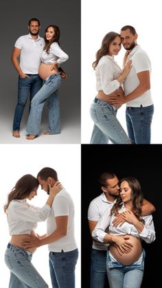 three different shots of a man and woman hugging each other