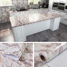 a kitchen with white cabinets and marble counter tops, along with an image of a roll of paper on the floor