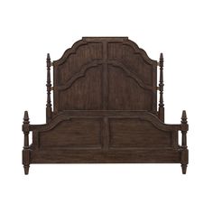 a wooden bed frame with posts and headboard