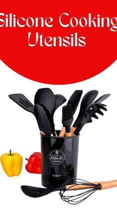 some cooking utensils are sitting in a cup with the words silcone cooking utensils