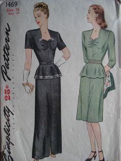 Simplicity 1469; ©1945; MISSES’ AND WOMEN’S ONE-PIECE DAYTIME AND EVENING DRESS: The bodice, styled with a sweetheart neckline, has soft gathers along the upper edges of the center front seam and the lower back edge. A flared peplum trims the four-paneled skirt. In Style I, the floor length dress has a curved opening below the front seam. The sleeves are short and a sequin band may be used to outline peplum. Style II may be made with short or three-quarter length sleeves. | Vintage Patterns Wiki Fashion 1940s Style, Dress Pattern Simplicity, Daytime Dress, Simplicity Patterns Vintage, Simplicity Patterns Dresses