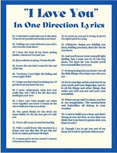 a blue and white poster with the words i love you in one direction on it