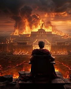 a man sitting on top of a chair in front of a large fire filled sky