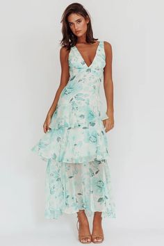 Shop the Veda Strappy Back Ruffle Maxi Dress Floral Green | Selfie Leslie Jewellery Model, Elegant Evening Dress, Maxi Dress Floral, Ruffle Maxi Dress, Ruffle Midi Dress, Dress 2024, Iron Material, Evening Dresses Elegant, Ruffled Maxi Dress